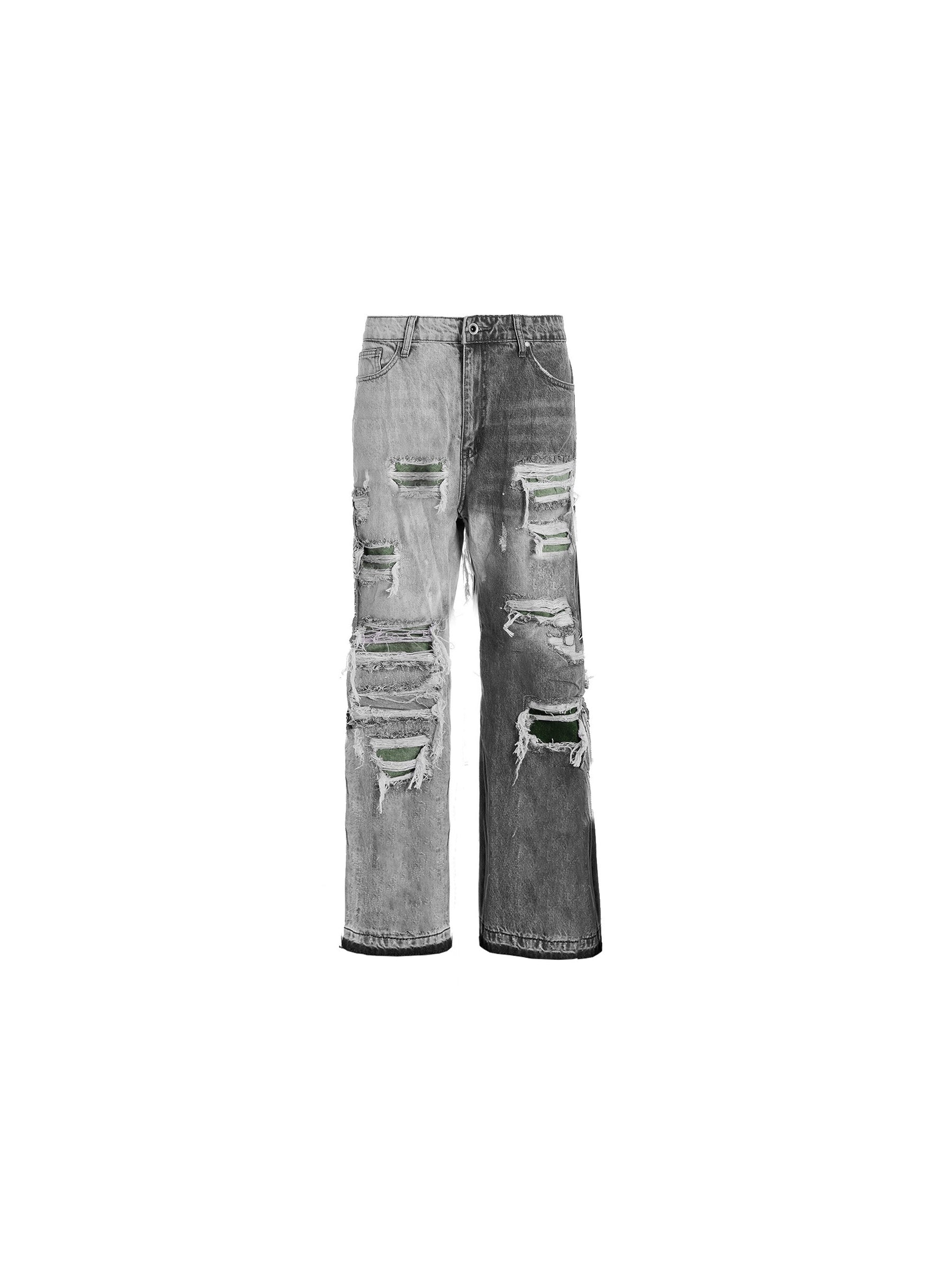 Sole et. Al Distressed Two-Tone Flared Denim : Wash Grey / Black / Military Green