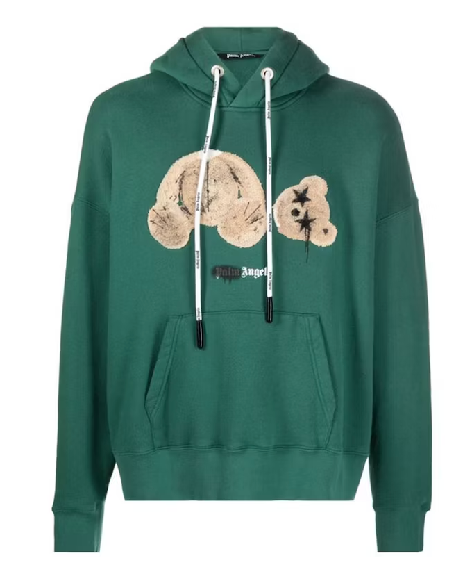 Palm Angels Bear Print Sprayed Logo Hoodie Green/Brown