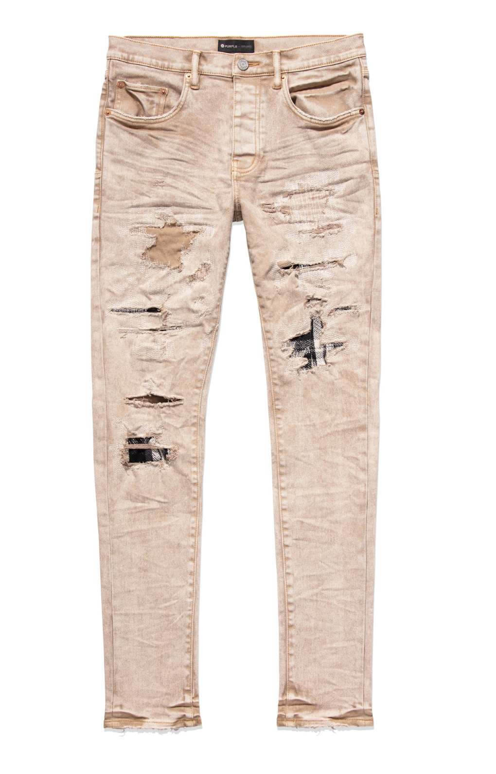 Purple Brand rise skinny jean beige Heavy Repair With Plaid Patch